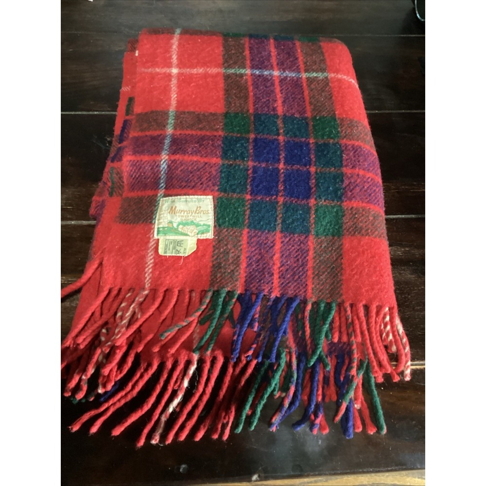 MURRAY BROTHERS, HAWICK SCOTLAND, VINTAGE Red Plaid WOOL BLANKET 48"x72"